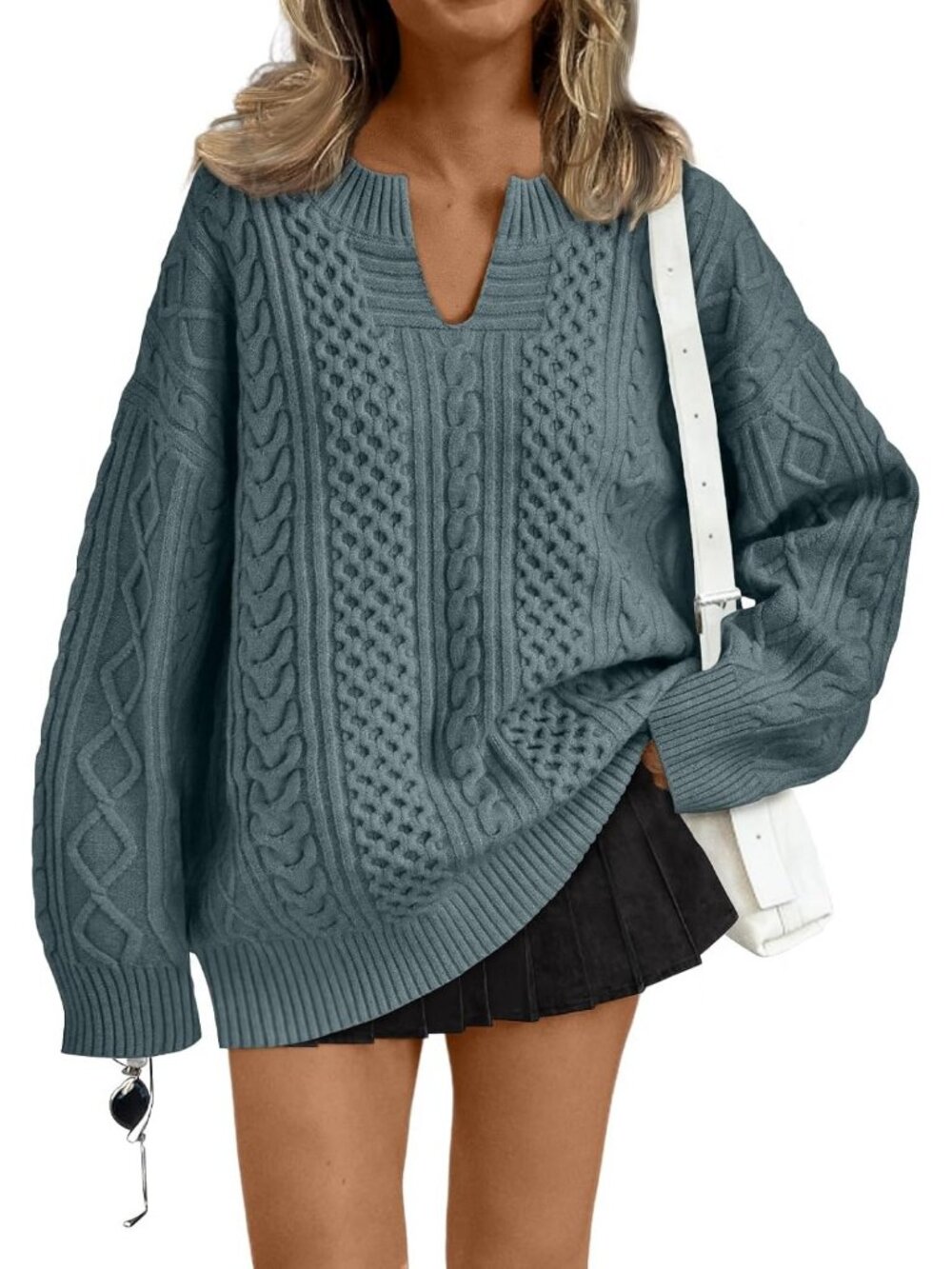 Women's Blue Green V Neck Fall Fashion Oversized Cable Knit Fall Outfits Sweater